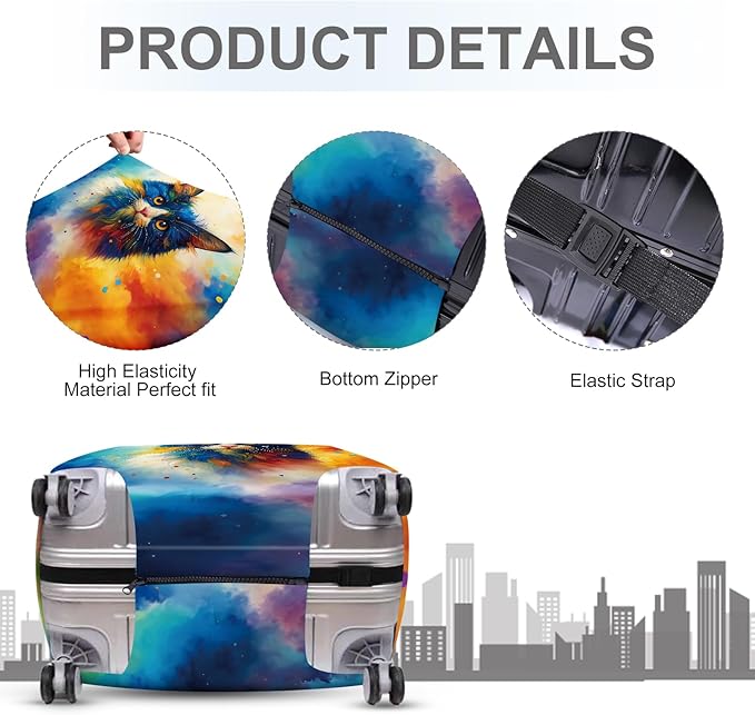 ANNA QUEEN Colorful Cat Luggage Cover, Artistic Blue Cat Design with Rainbow Colors, Stretchable, Washable Travel Sleeve for 20-22 Inch Suitcases