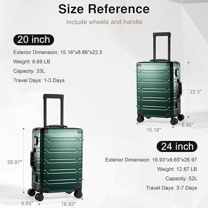 All Aluminum Carry On Luggage 22x14x9 Airline Approved，Zipperless Luggage Premium Aluminum Suitcase Luggage, Hard Shell Carry On Luggage with Spinner Wheels (dark green, 20inch)