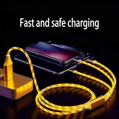 USB Cable PD Fast Charger Lighted Up (USB 3IN1 Yellow),Phone Data Cable, Flowing Light Charging Cable, 39-inch, TPE Material, Compatible with Almost All Phones, Tablets, and Headphones.