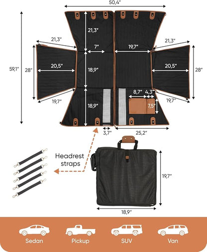 Owleys Hard Bottom Pet Seat Cover for Back Seat – Heavy Duty Waterproof Dog Hammock Bed –Travel Protector for SUVs, Sedans & Trucks – Foldable Design - 2 Pockets – Mesh Ventilation Windows