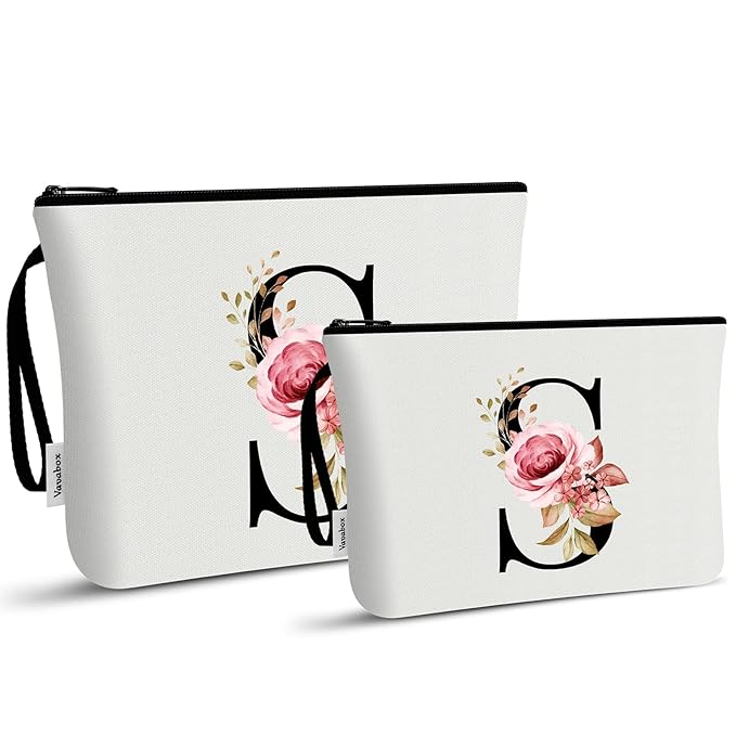 Vavabox A-Z Personalized Makeup Bag, Birthday Gifts for Women Mom, Gifts for Best Friend, Bride Bridesmaid Cosmetic bag (S, 03-White Set)
