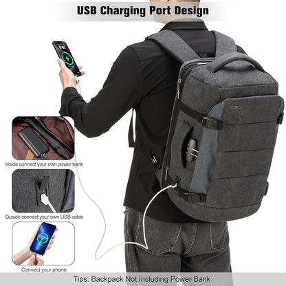 Tzowla 40L Canvas Expandable Travel Laptop Backpack for Men Women Carry on Flight Approved,Large Capacity Anti Theft Backpacks with USB Port,Vintage Personal Item Bag Fit 17.3" Laptop(Black & Blue)
