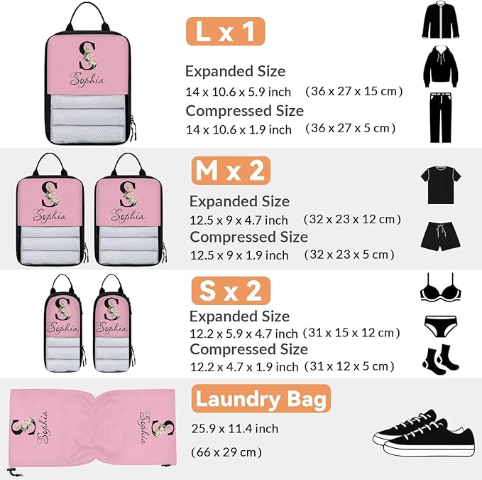 Custom Name 6 Set Compression Packing Cubes for Travel Accessories Customized Expandable Packing Organizers Personalized Carry On Essentials Luggage Bags, Initial