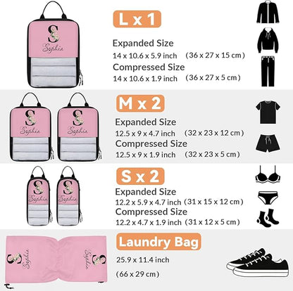 Custom Name 6 Set Compression Packing Cubes for Travel Accessories Customized Expandable Packing Organizers Personalized Carry On Essentials Luggage Bags, Initial