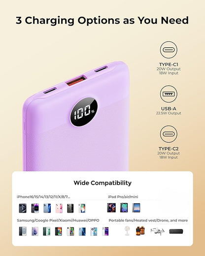 Small Portable Charger 10000mAh, Mini Power Bank with LED Display, 22.5W PD Fast Charging USB-C Battery Pack, Compact Lightweight Travel Charger Compatible with iPhone Samsung Android, Purple