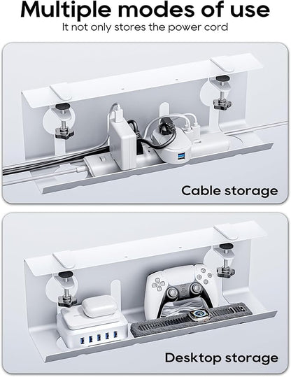NODOCA No Drill Under Desk Cable Management Tray, 17'' Wire Management, Punch-Free Clamp on, Metal Cable Tray, Wire Organizer Under Desk, Under Desk Basket for Office and Home, White(2 Packs)