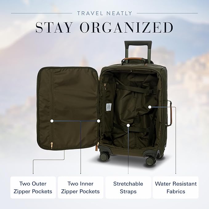 Bric's X-Travel 21” Carry-On Spinner – Luxury Softside Luggage with 360° Wheels, Recycled Water-Resistant Fabric, Interior Pockets, and Leather Details – Olive