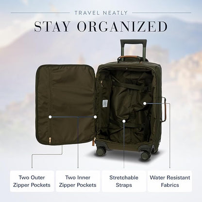 Bric's X-Travel 21” Carry-On Spinner – Luxury Softside Luggage with 360° Wheels, Recycled Water-Resistant Fabric, Interior Pockets, and Leather Details – Olive