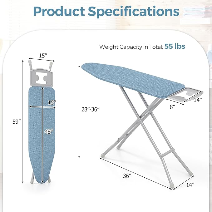 COSTWAY Ironing Board Full Size, 57” x 15” Foldable Iron Stand w/ 7-Level Height Adjustable, Heat-Resistant Ironing Cover, Heavy-Duty Metal Frame, Compact Iron Table for Home, Laundry Room (Blue)