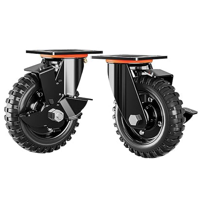 6 Inch Caster Wheels Set of 2 (2 Swivel with Brake), 660lb Total Capacity, Heavy Duty Plate Casters Solid Rubber Knobby Tread for Workbench, Cart, Dolly, Trolley, Wagon, and Outdoor Use