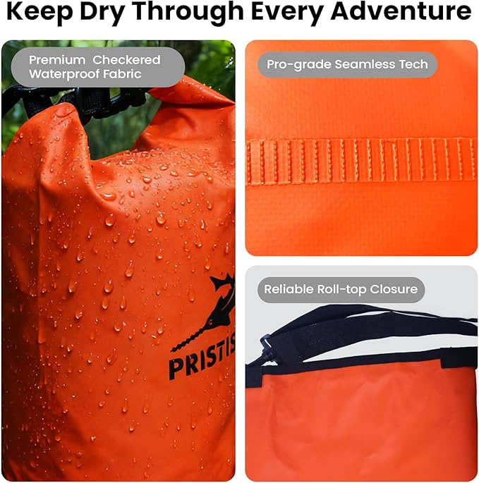 Pristis Waterproof Dry Bag, 10L Lightweight Floating Kayak Storage Backpack for Men Women, Durable Outdoor Roll Top Dry Sack Gear Accessory for Kayaking Fishing Rafting Beach Camping, Orange