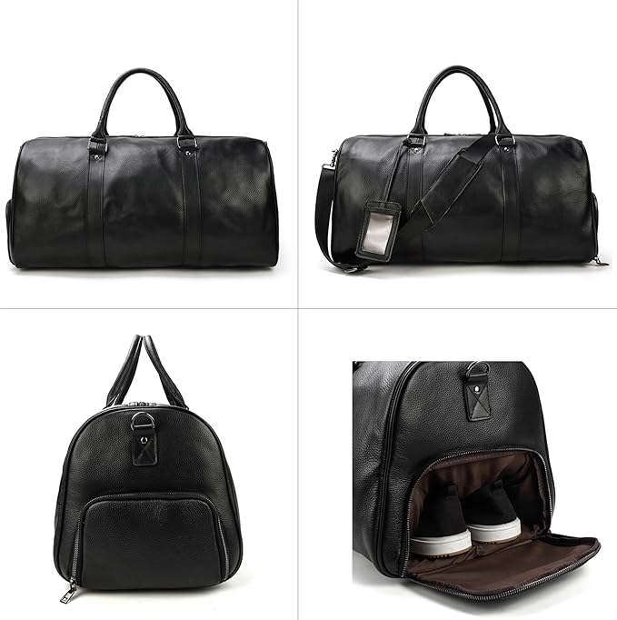 Leather Travel Bag Large Capacity Luggage Duffel Bag with Shoe Compartment, Men Women Weekend Shoulder Handbag for Holiday Business Trip (55cm-Black)