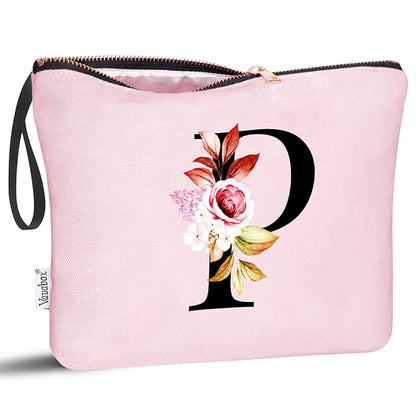 Vavabox A-Z Personalized Makeup Bag, Birthday Gifts for Women Mom, Gifts for Best Friend, Bride Bridesmaid Cosmetic bag (P, Pink)
