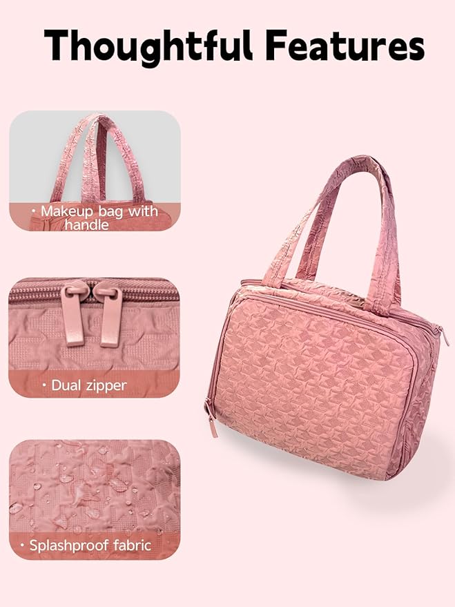 SMONT Travel Toiletry Bag for Women Hanging Makeup Organizer Toiletry Bag Essentials for Women Makeup Bag/Big Compartment, Waterproof,with Multiple Pockets, Ideal for Travel, Gym, School, Pink