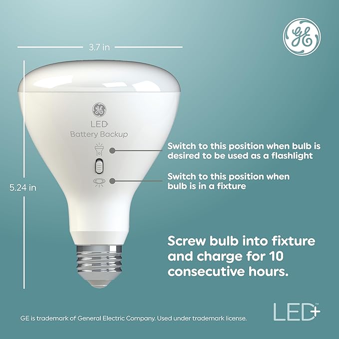 GE LED+ Battery Backup LED Light Bulbs, Emergency Light Bulb for Power Outages + Flashlight, BR30 Indoor Floodlights (3 Pack)