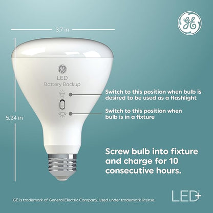GE LED+ Battery Backup LED Light Bulbs, Emergency Light Bulb for Power Outages + Flashlight, BR30 Indoor Floodlights (3 Pack)