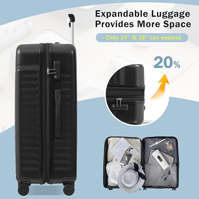 Merax 3 Piece Luggage Sets, Hardside Lightweight Carry on Suitcase,Durable Expandable Luggage with Travel Bags Spinner Wheels and TSA Lock,Black