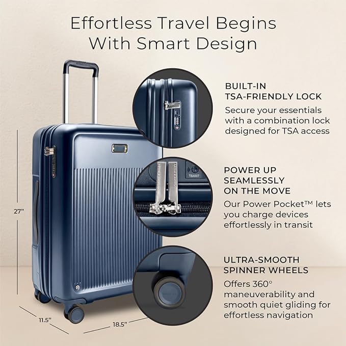 Briggs & Riley 27" Medium Expandable Spinner - Checked Luggage for Travel, Suitcases with Wheels, Hardside Rolling Bag for Men & Women, Self-Repairing Zipper - Sympatico Collection, Navy