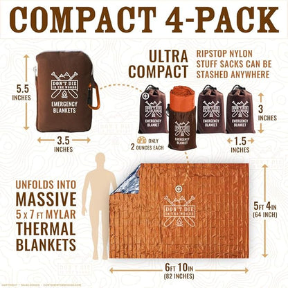 Don't Die In The Woods - Freakin’ Huge Emergency Blankets [4-Pack] Extra Large Thermal Mylar Space Blanket - One of The Ten Essentials Outdoor Survival Gear for Hiking Camping First Aid Kit (Orange)