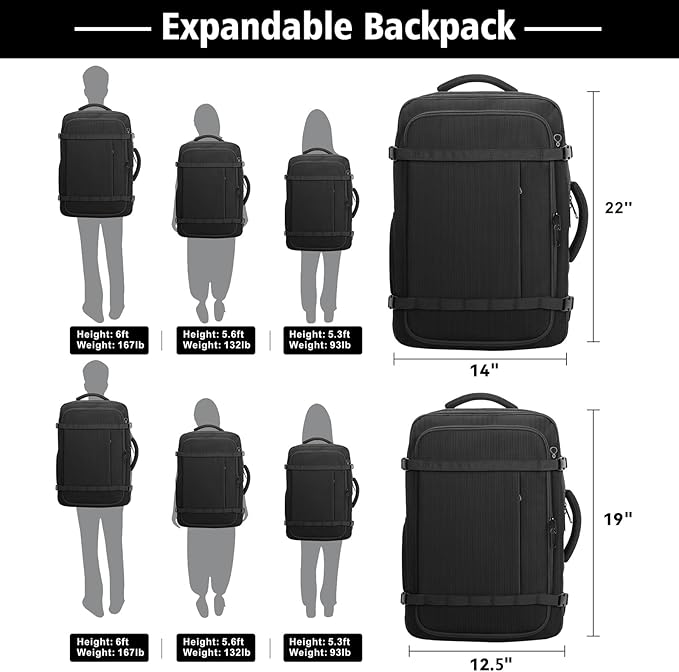 Travel Backpack, 40-50L Expandable Carry On Backpack with Cable Access Port Fits 17.3 Inch Laptop Bag,Water Resistant Weekender Bag Men Women for Business Trips, College,Hiking,Daily Commuting,Black