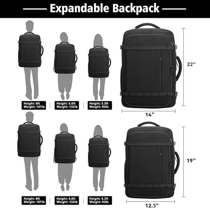 Travel Backpack, 40-50L Expandable Carry On Backpack with Cable Access Port Fits 17.3 Inch Laptop Bag,Water Resistant Weekender Bag Men Women for Business Trips, College,Hiking,Daily Commuting,Black