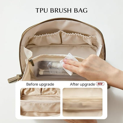 EACHY Travel Makeup Bag, Faux Suede Cosmetic Bags for Women,Large Capacity Portable Pouch Open Flat Toiletry Bag Make up Organizer with Divider and Handle