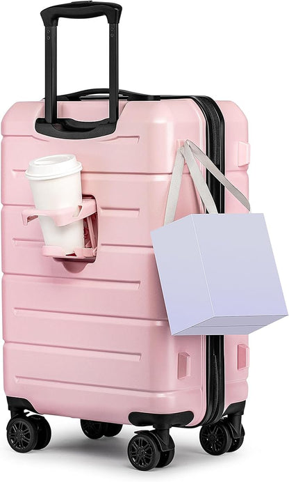 KYME Carry On Luggage 22x14x9 Airline Approved with TSA Lock Hardshell Carry-On Suitcase with Wheels Travel Rolling 22 inch Luggage with Cup Holder for Women Pink