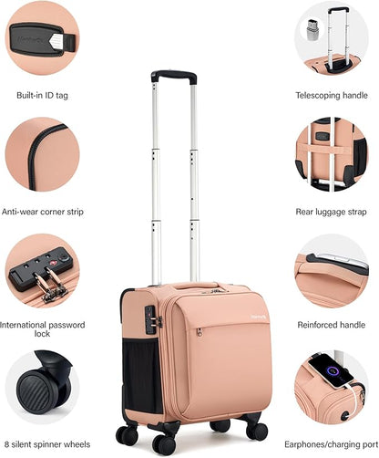 Hanke 16 Inch Underseat Carry On Luggage with Wheels Small Suitcase Softside Luggage Bags for Travel Lightweight Suitcases with Wheels Travel Luggage Personal Item for Men and Women(Pink)