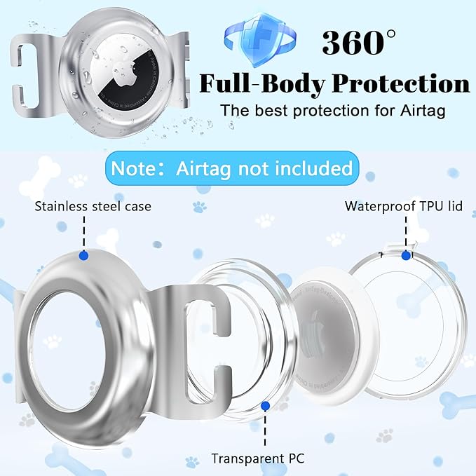 SANKALA Airtag Dog Collar Holder, Waterproof Stainless Steel Airtag Dog Holder, Slide-On Opening, Fits Snap Closure Collars and Most Collar, Full Coverage Protective Case (Silver, Large, 1 Pack)