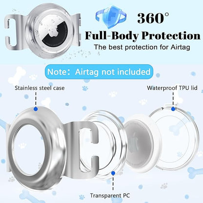 SANKALA Airtag Dog Collar Holder, Waterproof Stainless Steel Airtag Dog Holder, Slide-On Opening, Fits Snap Closure Collars and Most Collar, Full Coverage Protective Case (Silver, Large, 1 Pack)