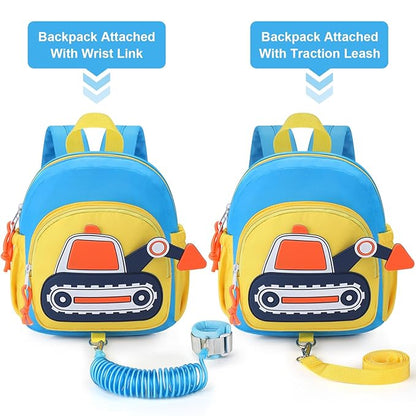 Accmor Toddler Leash Backpack, Cute Excavator Backpacks with Anti Lost Wrist Link, Kid Walking Harness Back Pack Travel Essential Mini Rucksack Bag with Restraints Hand Strap Tether for Baby Boys
