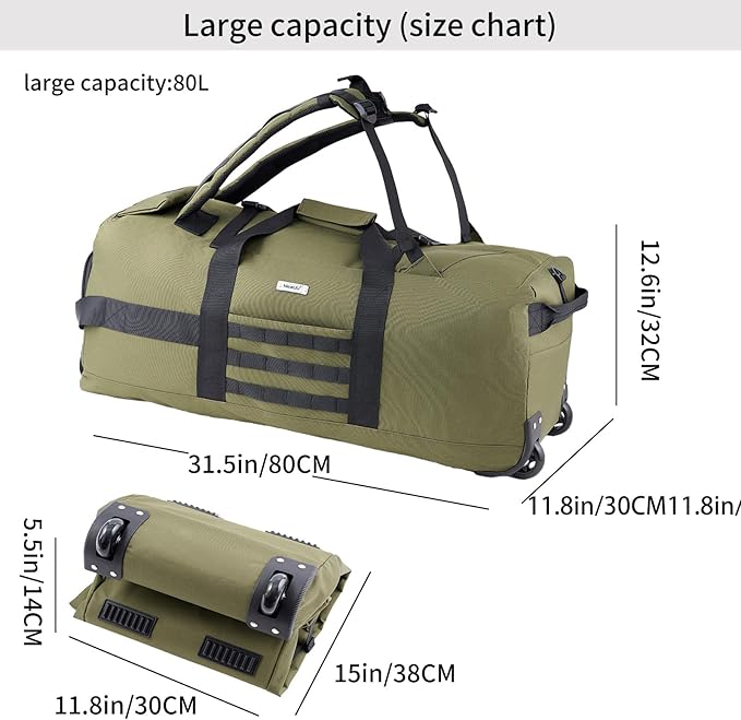 80L Waterproof Rolling Duffel Bag with Quick-Release Straps, Military Tactical Wheeled Foldable For Deployment Traveling Camping Sporting (Military Green)