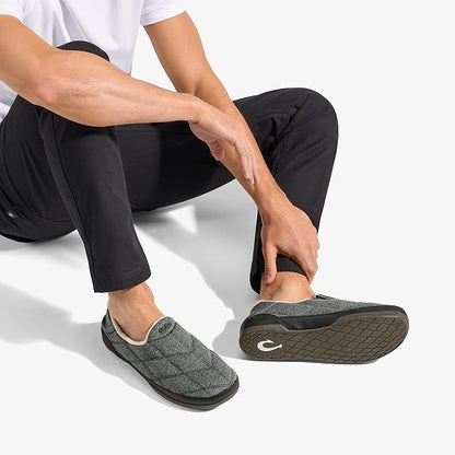 OLUKAI Puku'i Men's Fleece Slippers, Comfortable Activewear Slippers, Premium Full-Grain Leather & Jersey Knit, Drop-In Heel & All-Day Comfort