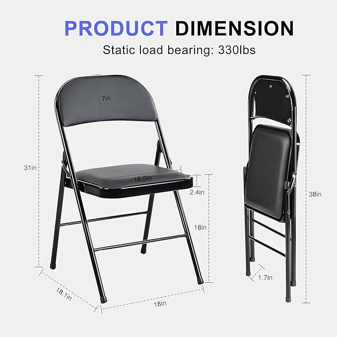 Folding Chairs 10 Pack, Portable Stackable Commercial Chair, Indoor Outdoor Padded Leather Chair with Sturdy Metal Frame, for Home, Office, or Party Events. (Black, 10 Pack)