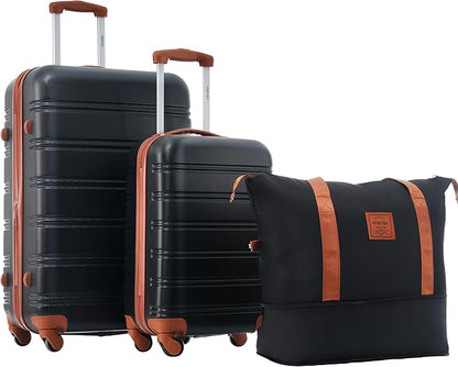 Merax Luggage Sets 2 Piece Expandable Hardside Luggage with Travel Bag Suitcase Set with Spinner Wheels(20+28+bag,Black+Brown-1)