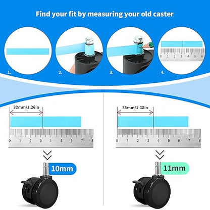 MySit Office Chair Wheels Casters 10x22mm with Brake Set of 5 Heavy Duty Mute PU Caster Replacement Easy Installation Compatible with IKEA for Hardwood Floors