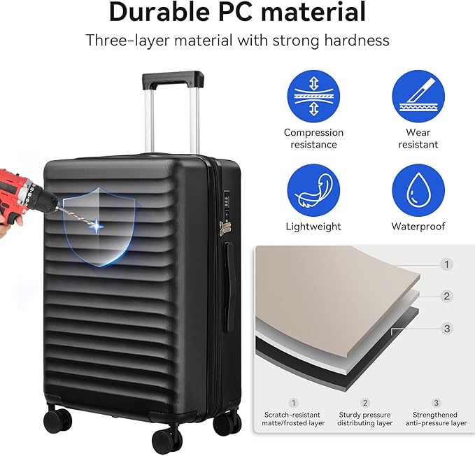 Travel Suitcase Sets 3 Piece, Expandable Hardshell Luggage Sets 3pcs with TSA Lock Spinner Wheels, Black (20''/24''/28")