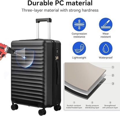 Travel Suitcase Sets 3 Piece, Expandable Hardshell Luggage Sets 3pcs with TSA Lock Spinner Wheels, Black (20''/24''/28")