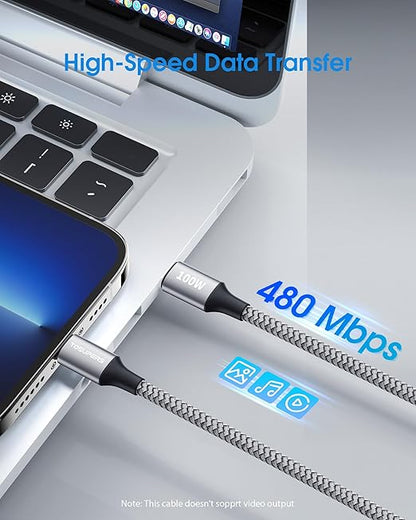 100W USBC to USBC Cable (6ft, 2-Pack), USB C to USB C Fast Charging Cable Braided C to C Charge Cord for iPhone Air 17 16 15 Pro Max, Samsung Galaxy S25 S24 A16, MacBook Pro, iPad, Pixel