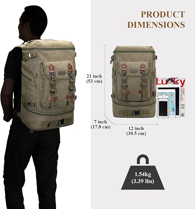 WITZMAN Travel Backpack for Men Women Canvas Backpack Carry on Luggage Rucksack Convertible Duffel Bag Large (A568 Army Green)