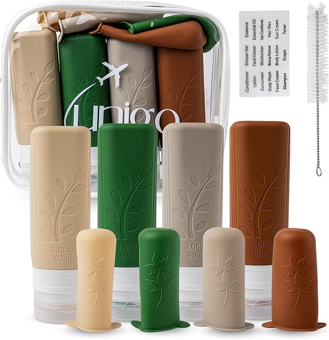 unigo Travel Bottles For Toiletries, 3.oz TSA Approved Containers, Travel Size Toiletries, Shampoo and Conditioner Bottles, Leak Proof and Refillable Bottles, Extra Bottle Covers (Multicolor C)