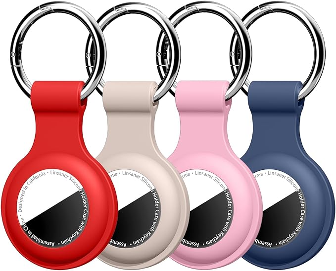 [4 Pack] Compatible with AirTag Holder Keychain Silicone Key Ring Cases Tags Chain for Apple for Air Tag GPS Item Finders Accessories, Red/Milk Tea Color/Pink/Dark Blue