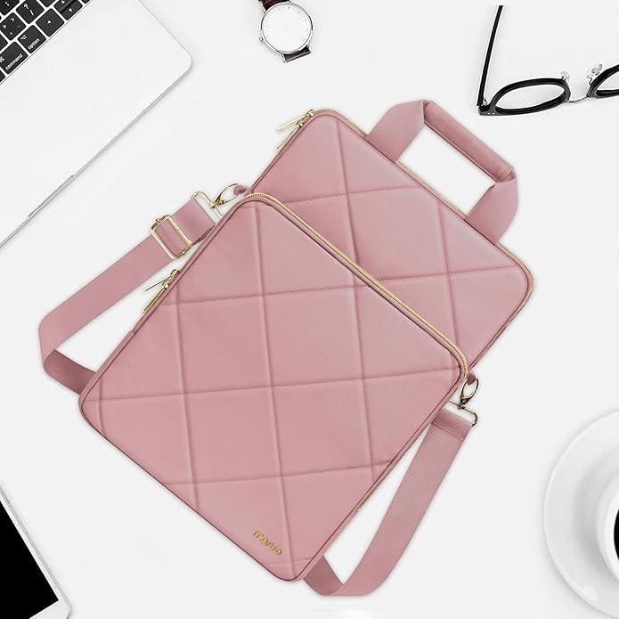 MOSISO Vertical Laptop Shoulder Bag,Computer Bag,Rhombus Quilted Messenger Bag with Front Pocket&Handle&Belt