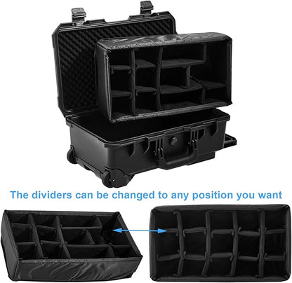 Waterproof Travel Camera Hard Case with Padded Divider, 22 x 14 x 10 Inch, Rolling Case for Camera, Gear, Equipment, Dustproof, Shockproof,Airline Carry-On Approved, Inner 19.8"x 10.9" x 6.8"