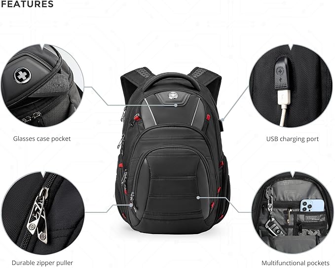 Swissdigital Design Travel Backpack for Men with Finder（color random）, TSA Friendly USB Charging RFID Protection Business Backpack Fits 15.6" Laptops Black | J14BT013-BR