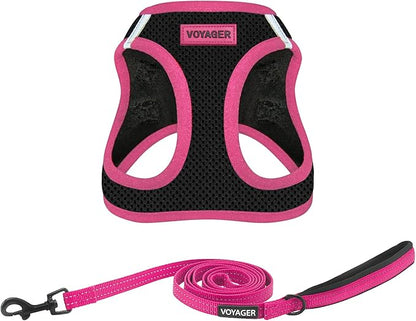 Voyager Step-in Air All Weather Mesh Harness and Reflective Dog 5 ft Leash Combo with Neoprene Handle, for Small, Medium and Large Breed Puppies by Best Pet Supplies - Black/Pink Trim, X-Small