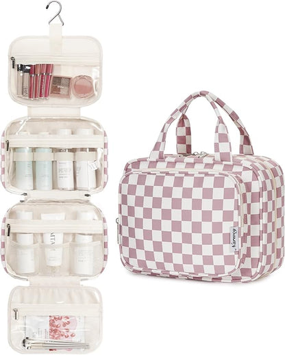Narwey Hanging Toiletry Bag for Women Travel Makeup Bag Organizer Toiletries Bag for Travel Size Essentials Accessories Cosmetics (Dusty Pink Checkerboard (Medium))