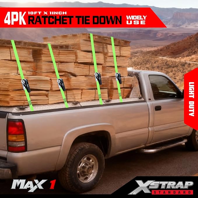 XSTRAP STANDARD Ratchet Tie Down Straps 4 Pk 10 Ft- 300 Lbs Load Cap- 900 Lbs Break Strength-Cargo Straps for UTV, ATV, Pickup,Truck, Moving Appliances, Lawn Equipment, Neon Green