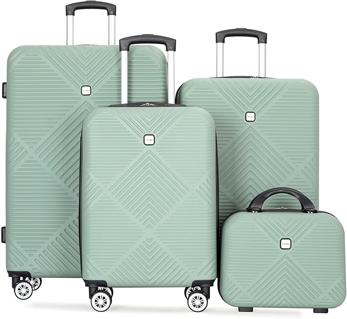 Luggage 4 Piece Set, Hardshell ABS Suitcase Set with Double Spinner Wheels, Lightweight Suitcase, Carry On and Checked Travel Luggage, Olive Green