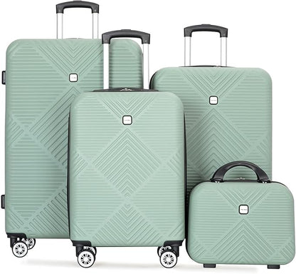 Luggage 4 Piece Set, Hardshell ABS Suitcase Set with Double Spinner Wheels, Lightweight Suitcase, Carry On and Checked Travel Luggage, Olive Green